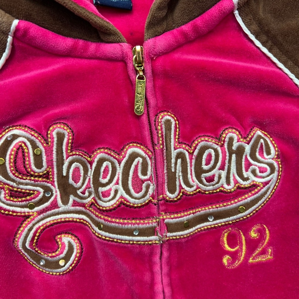 Y2k Skechers Hoodie Girls M Brown Pink Velour McBling Rhinestone Embroidered - Picture 5 of 15